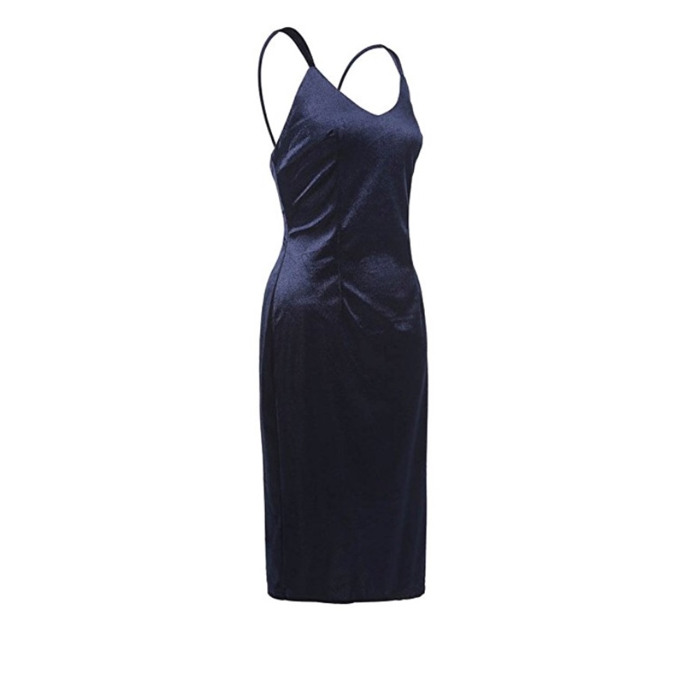 Velvet Blue Spaghetti Strap Bodycon Midi Dress - Picture 3 of 7